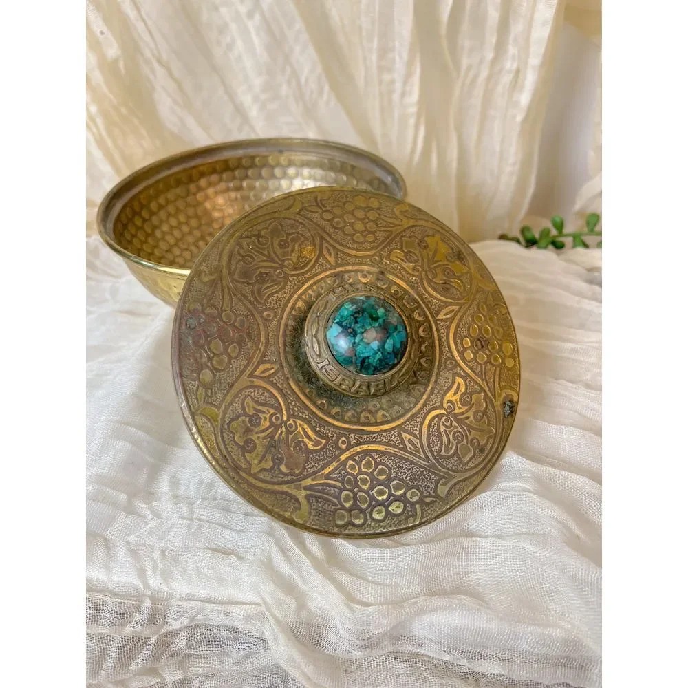 Exquisite Brass Trinket Box with Turquoise Accent